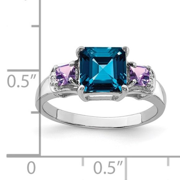 925 Sterling Silver Rhodium London Blue Topaz, Amethyst, Diamond Gemstone Ring - Picture 5 of 8